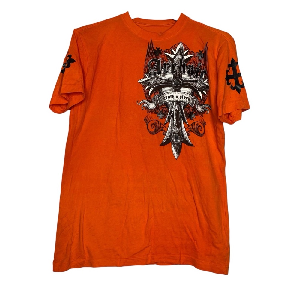 Archaic Affliction Men's T-Shirt Wings Skull Biker Size Small Orange